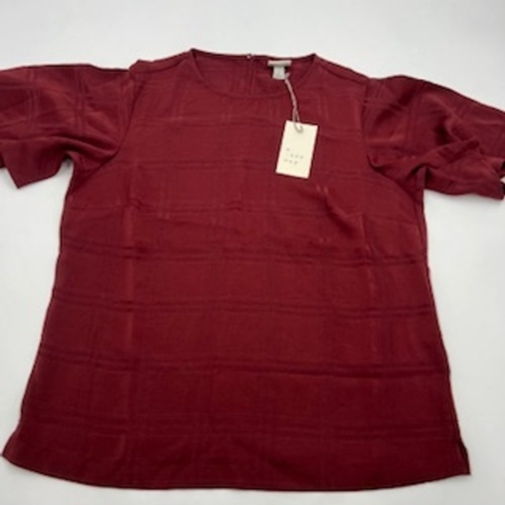 A New Day Womens Burgundy Textured Plaid Flutter Sleeve Blouse Small‎ NWT